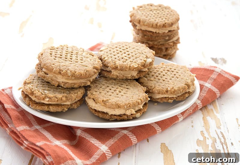 Close-up shot of Keto Peanut Butter Oatmeal Cookies arranged on a white plate, resting on an orange checked napkin. The texture and filling are clearly visible, highlighting their deliciousness.