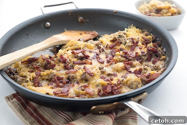 Cheeseburger spaghetti squash casserole in a skillet