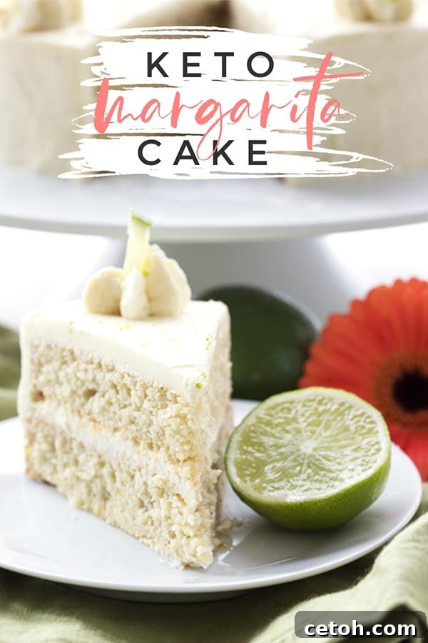 Keto Tequila Lime Delight 2 Close up photo of a slice of keto margarita cake with cut lime on the plate.