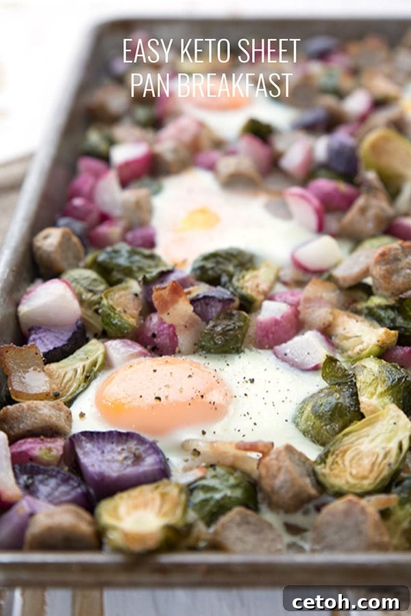 Sheet Pan Keto Morning Delight 2 Close up of keto sheet pan breakfast with veggies, eggs, bacon and sausage