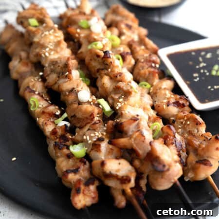 Chicken Yakitori Skewers on a black plate with a white bowl of dipping sauce.