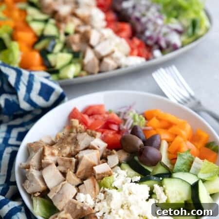 Greek Salad with chicken in a white bowl with a blue patterned napkin, and a tray of more salad in the background.