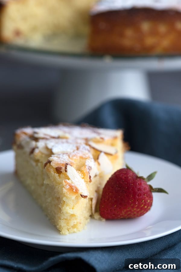 Close up shot of a slice of keto Italian ricotta cake on a white plate with a strawberry.
