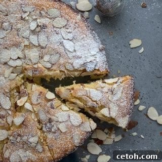 Top down photo of keto almond cake dusted in powdered sweetener, with one slice partway removed