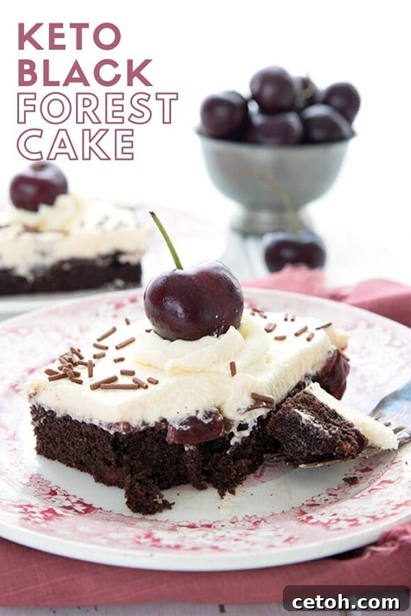 A slice of elegant Keto Black Forest Cake on a red patterned plate, with a bowl of fresh cherries artfully blurred in the background, highlighting the cake's delicious layers.