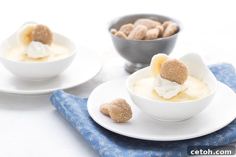Artfully arranged keto banana pudding cups on a blue patterned napkin, accompanied by a small bowl of crunchy mini keto snickerdoodle cookies, perfect for layering or topping.