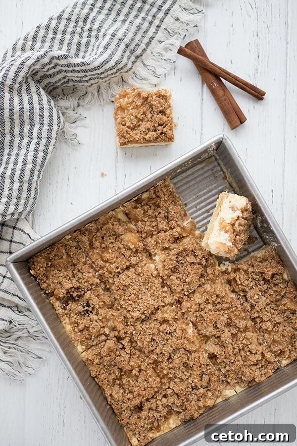 Top down photo of a pan of keto apple pie cheesecake bars. One bar is cut out and placed on its side.