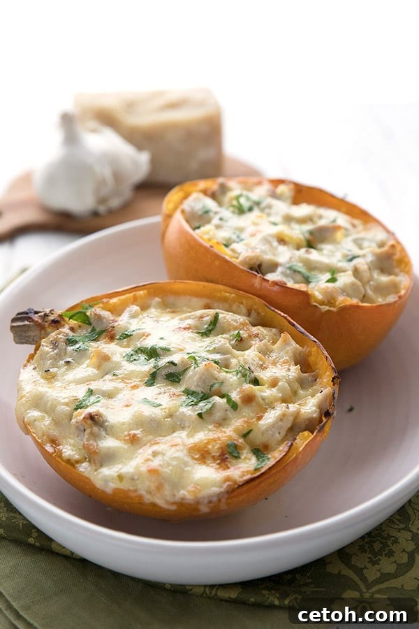 Keto Couple's Kitchen 3 A hearty serving of Keto Spaghetti Squash Chicken Alfredo in a white oval bowl, garnished with fresh parsley. Parmesan cheese and garlic cloves are subtly blurred in the background, hinting at the rich flavors within.