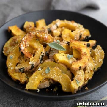 A black bowl filled with perfectly roasted delicata squash slices, garnished with fresh sage and Parmesan cheese.