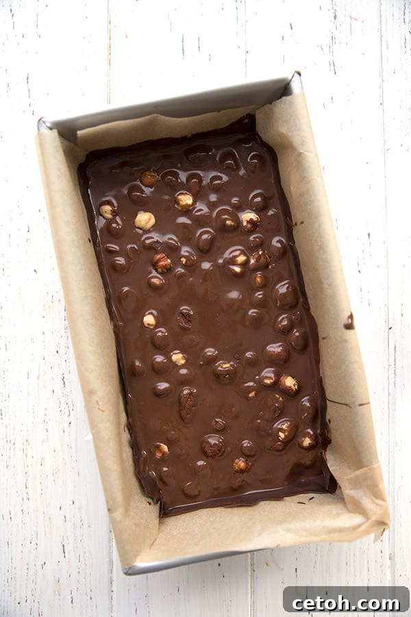 Top down photo of chocolate torrone in the pan before refrigerating