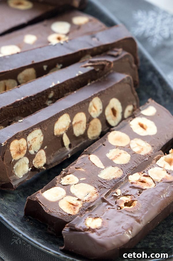 Close up photo of slices of keto chocolate hazelnut torrone