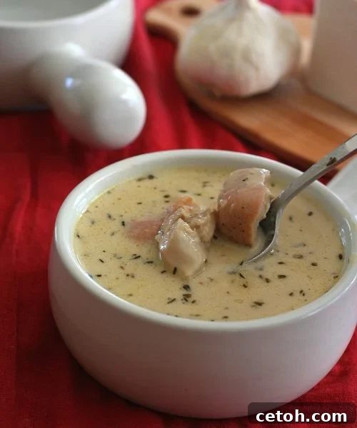 Delicious low carb roasted garlic soup with tender chicken pieces, perfect for winter