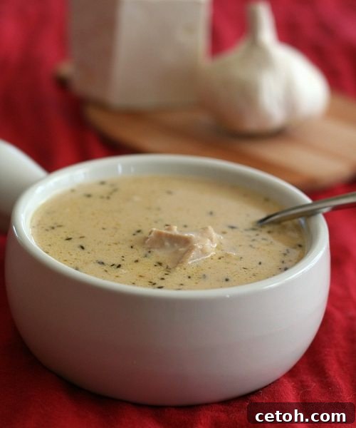 Hearty bowl of low carb chicken soup with rich roasted garlic flavor