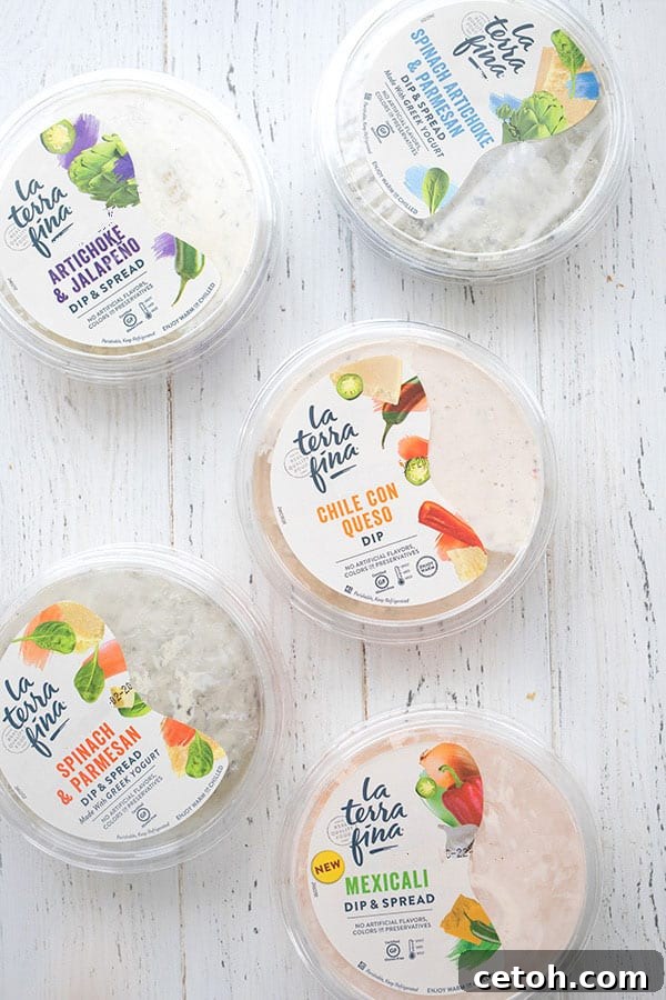 A vibrant top-down photo showcasing five distinct varieties of La Terra Fina dips, illustrating the diverse range of flavors available for culinary creativity.