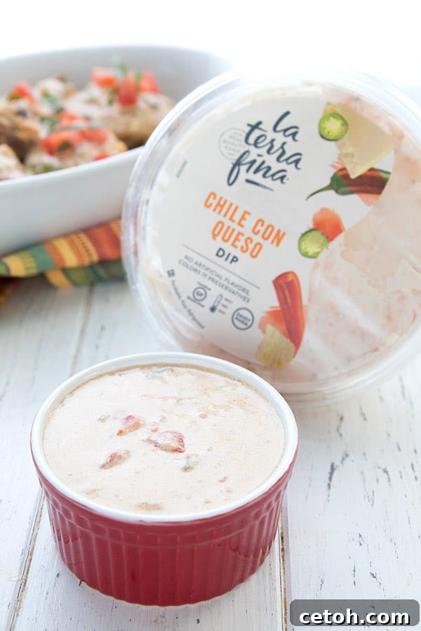 A rich, creamy keto queso sauce is presented in the foreground, with the full container of La Terra Fina queso dip and a pan of tender smothered chicken blurred in the background, emphasizing the delicious sauce.