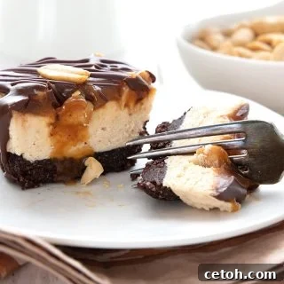 A close up shot of keto mini cheesecake on a white plate with a fork digging into it, showcasing its delicious layers.