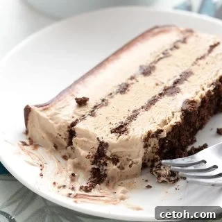 A slice of keto coffee ice cream cake on a white plate over a blue patterned napkin.