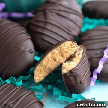 Close up shot of a Keto Peanut Butter Egg broken open.