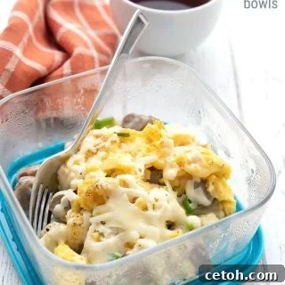 Keto make ahead breakfast bowl with a cup of coffee and a napkin
