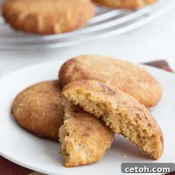 Keto Snickerdoodle Perfection 2 Keto snickerdoodles on a white plate with one broken open to show the inside.