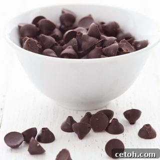 Homemade sugar-free chocolate chips in a small white bowl