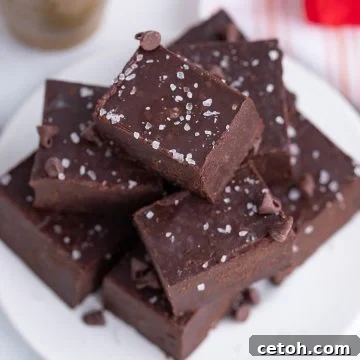 Keto fudge piled up on a white plate with sea salt on top.