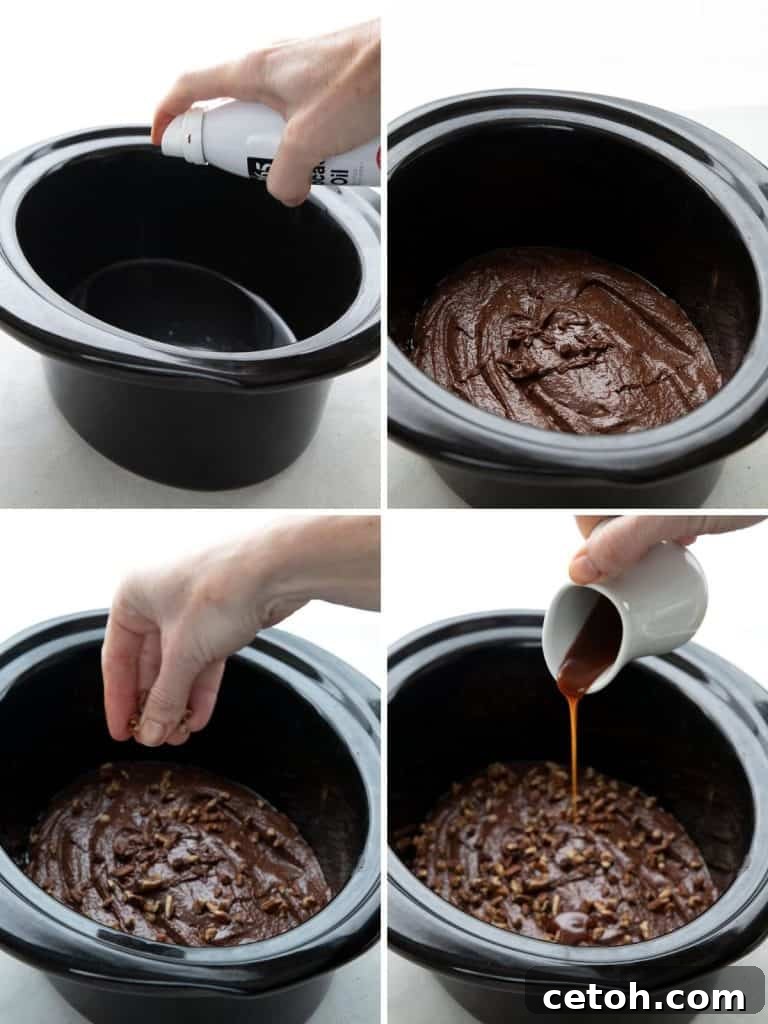 Four photos showing the steps for making keto slow cooker brownies.
