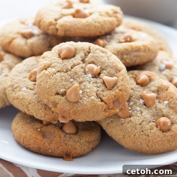 Keto Salted Butterscotch Cookies piled on a white plate with a cup of coffee in the background.