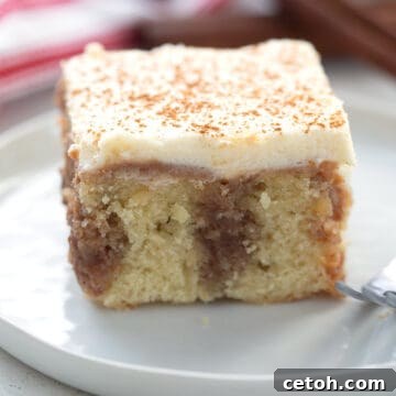 Close up shot of a slice of cinnamon roll poke cake.