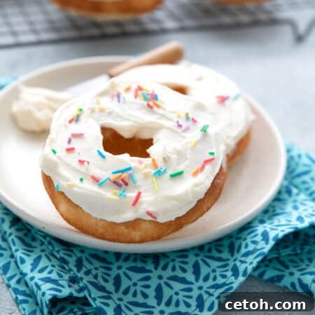 Two Vanilla Keto Protein Donuts sitting on a white plate over a teal patterned napkin.
