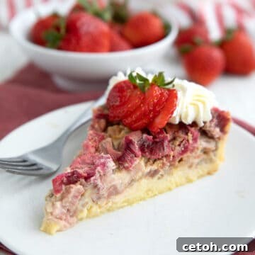 A slice of Rhubarb Custard Pie on a white plate with whipped cream and strawberries on top.