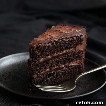 A slice of dark chocolate keto cake on a black plate on a black table.