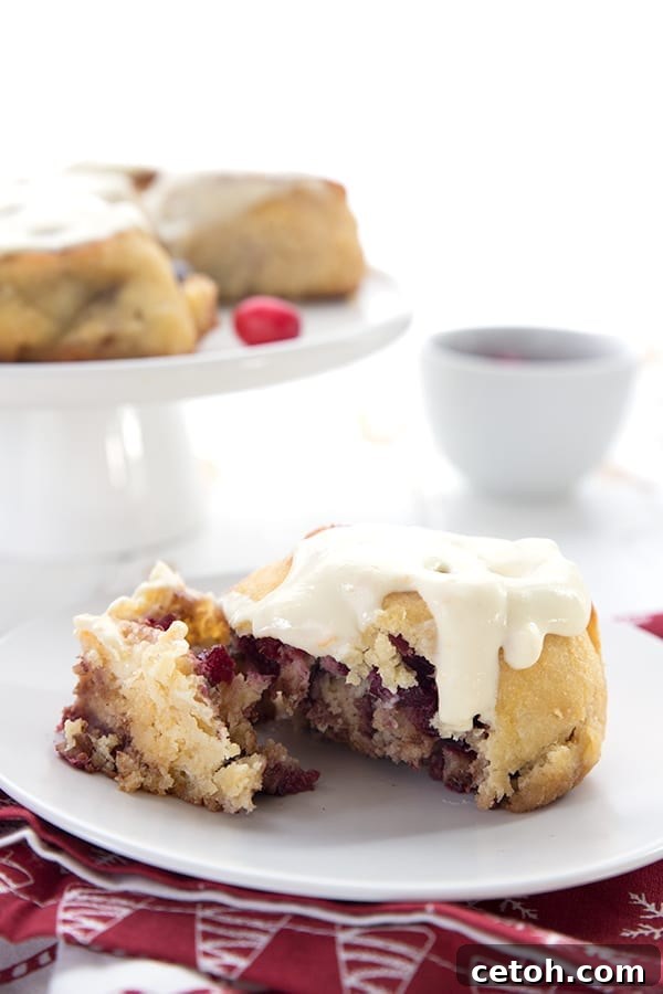 A low carb cinnamon roll on a white plate, topped with cream cheese frosting and cranberries.