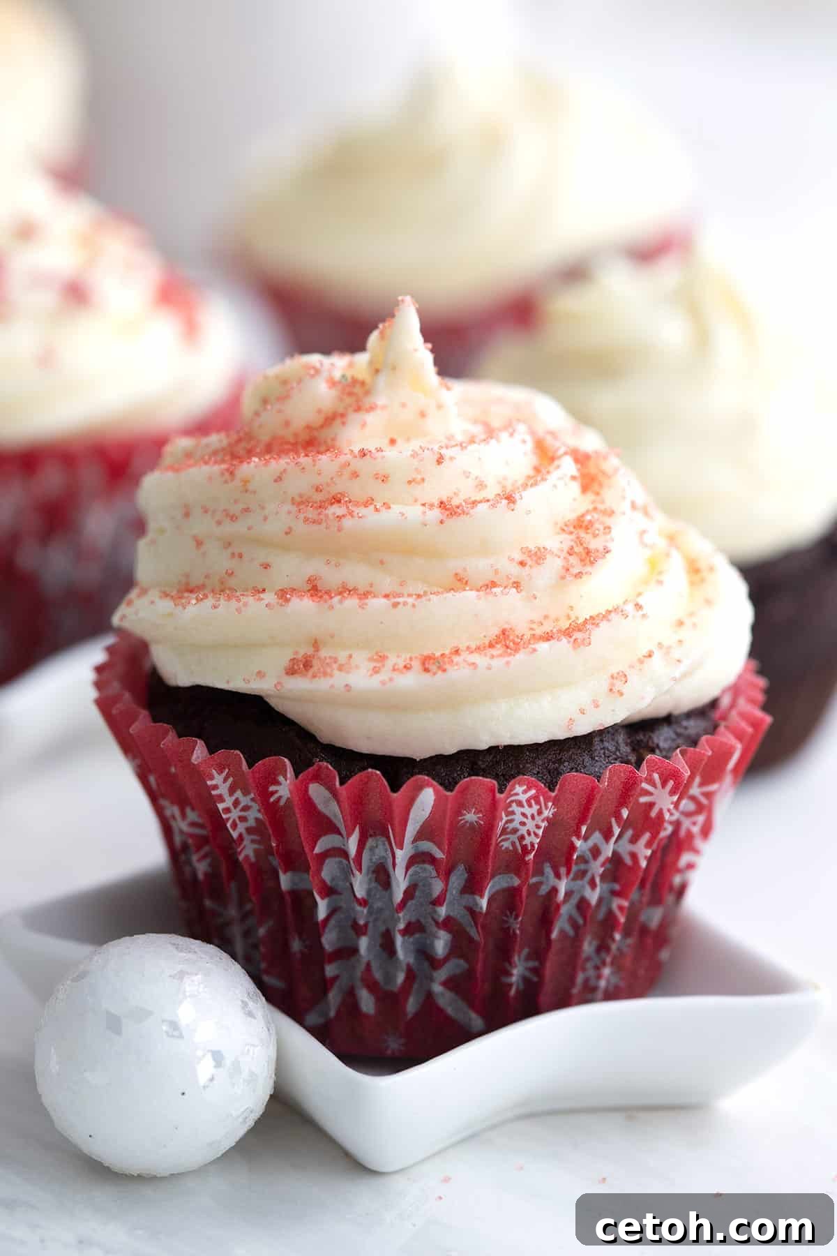Close up shot of a keto chocolate peppermint cupcake.