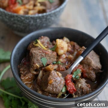 Two bowls of Moroccan Lamb Stew on a weathered wooden table.
