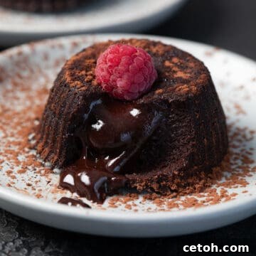 A Keto Air Fryer Lava Cake on a white plate with a raspberry on top, with the lava oozing out.