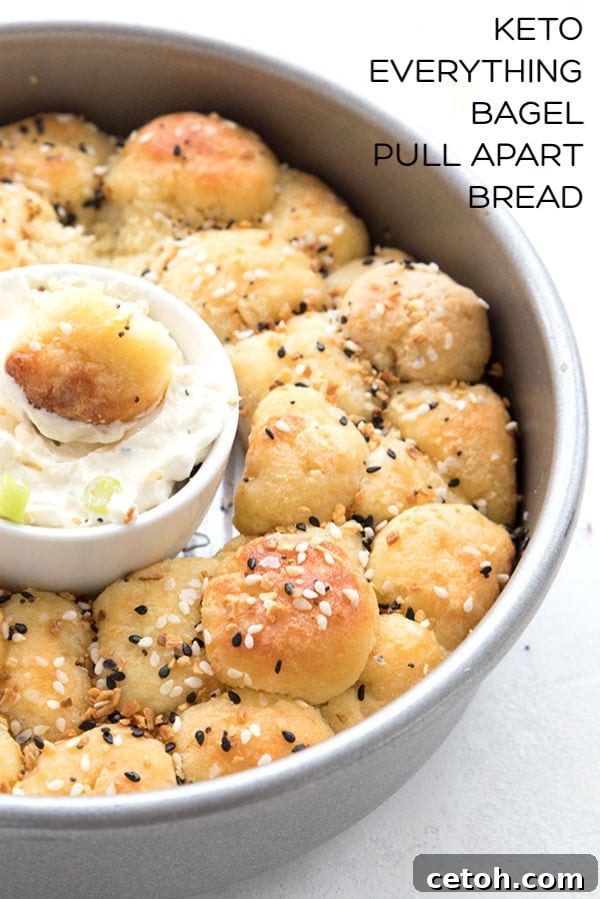 Close up shot of a pan of keto everything bagel pull apart bread with title