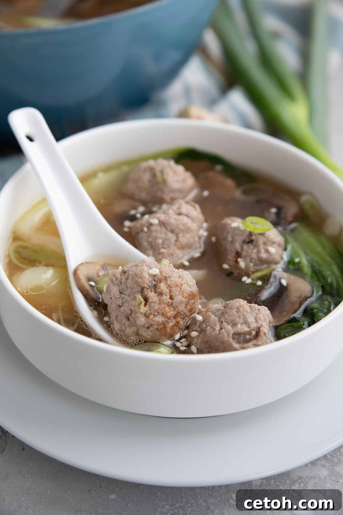 Keto Wonton Soup in a white bowl with a white ceramic spoon.