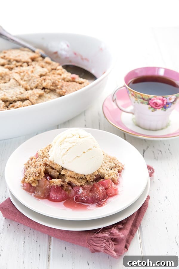 A serving of sugar-free rhubarb crisp with a cup of coffee