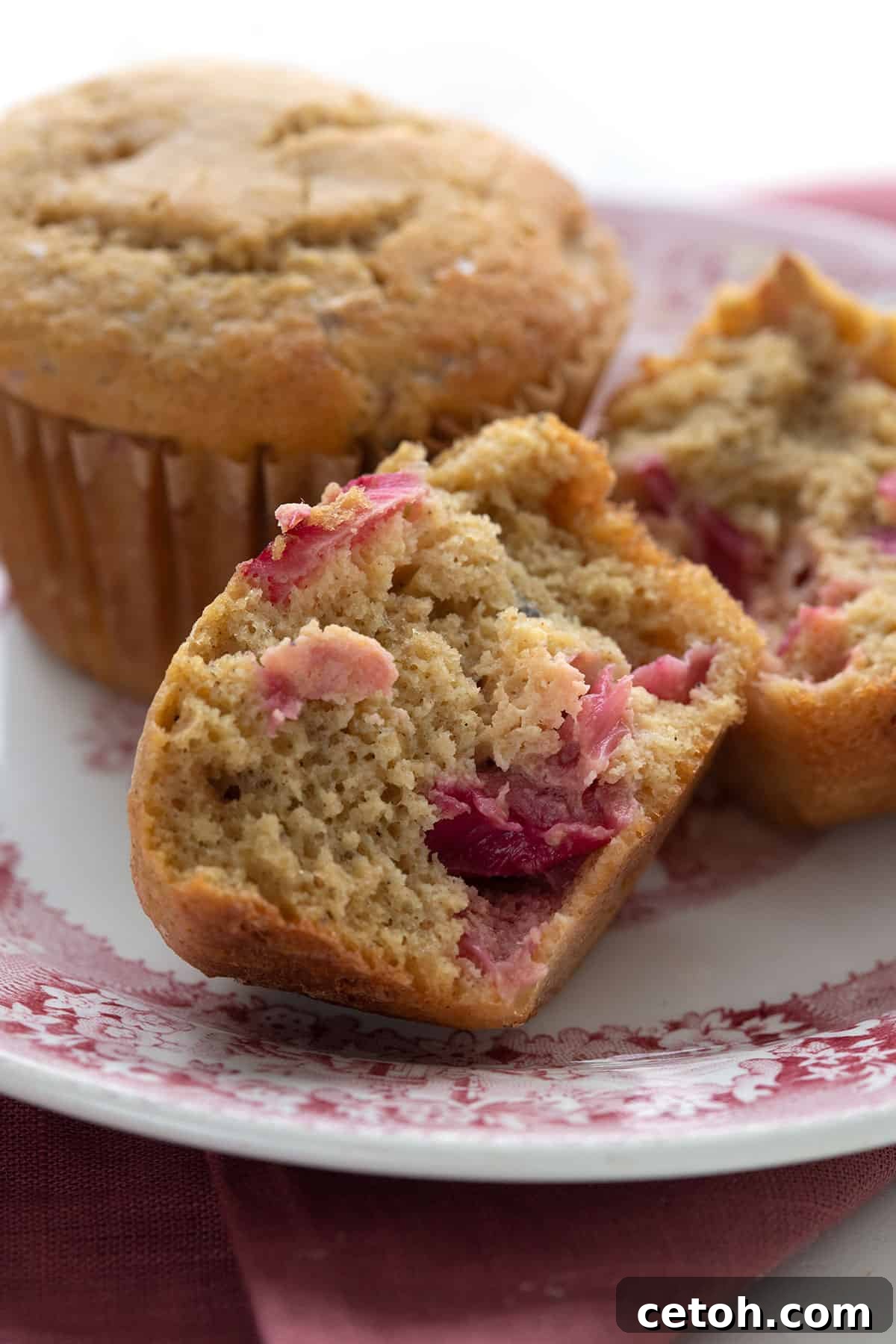 Close up shot of a keto rhubarb muffin, broken open, on a red patterned plate.