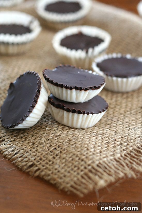 Sugar-free no bake Chocolate Coconut Cups arranged on a piece of burlap, titled: Sugar-Free No Bake Chocolate Coconut Cups