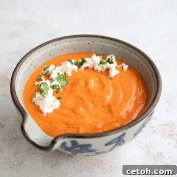 A patterned gray bowl filled with Roasted Red Pepper Feta Dip.