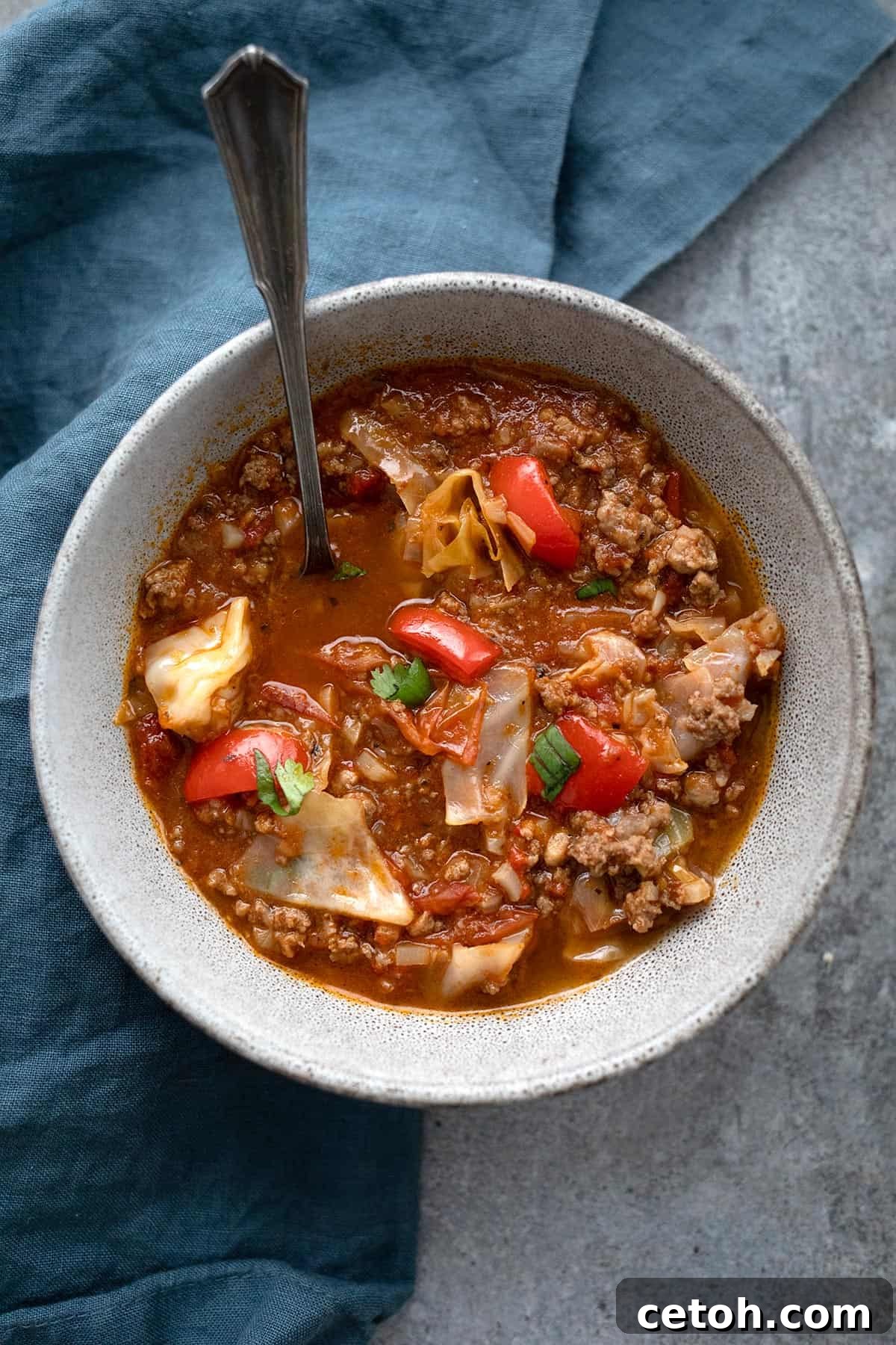 A top-down view of the hearty Keto Cabbage Soup, presented in a charming speckled bowl with a blue napkin underneath.