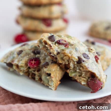 Close up shot of a Protein Breakfast Cookie broken in half on a white plate over a dark pink napkin.