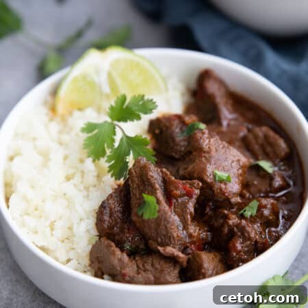 Authentic Chile Colorado 2 A white bowl filled with Chile Colorado and cauliflower rice.