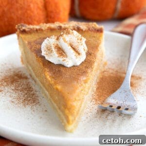 A slice of keto pumpkin pie on a white plate with a swirl of whipped cream and a fork.