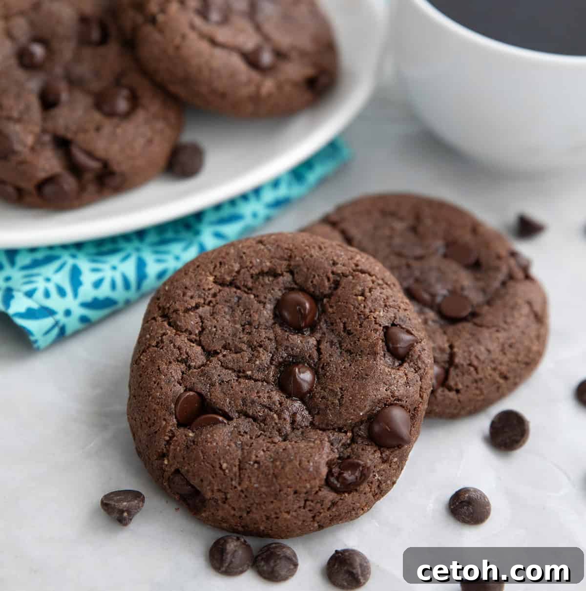 Two enticing keto chocolate breakfast cookies artfully placed on a chic gray table, with a steaming cup of coffee and a plate of more cookies visible in the soft background, creating a cozy scene.