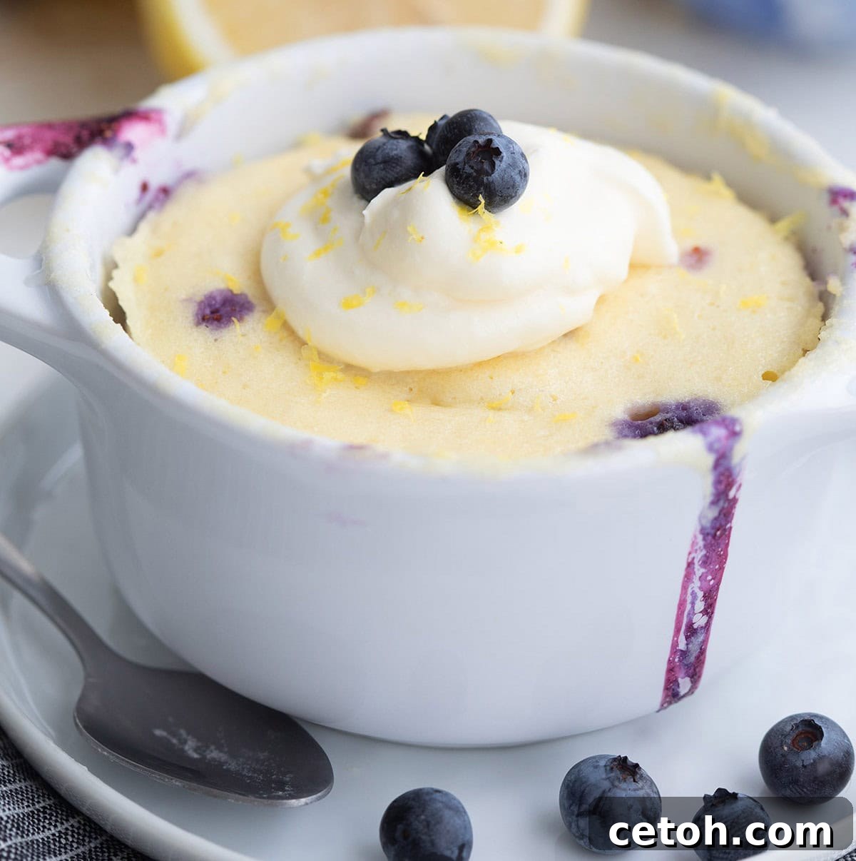 A detailed close-up of a delightful Lemon Blueberry Keto Mug Cake, perfectly served in a white ramekin and elegantly adorned with fluffy whipped cream and scattered fresh blueberries.