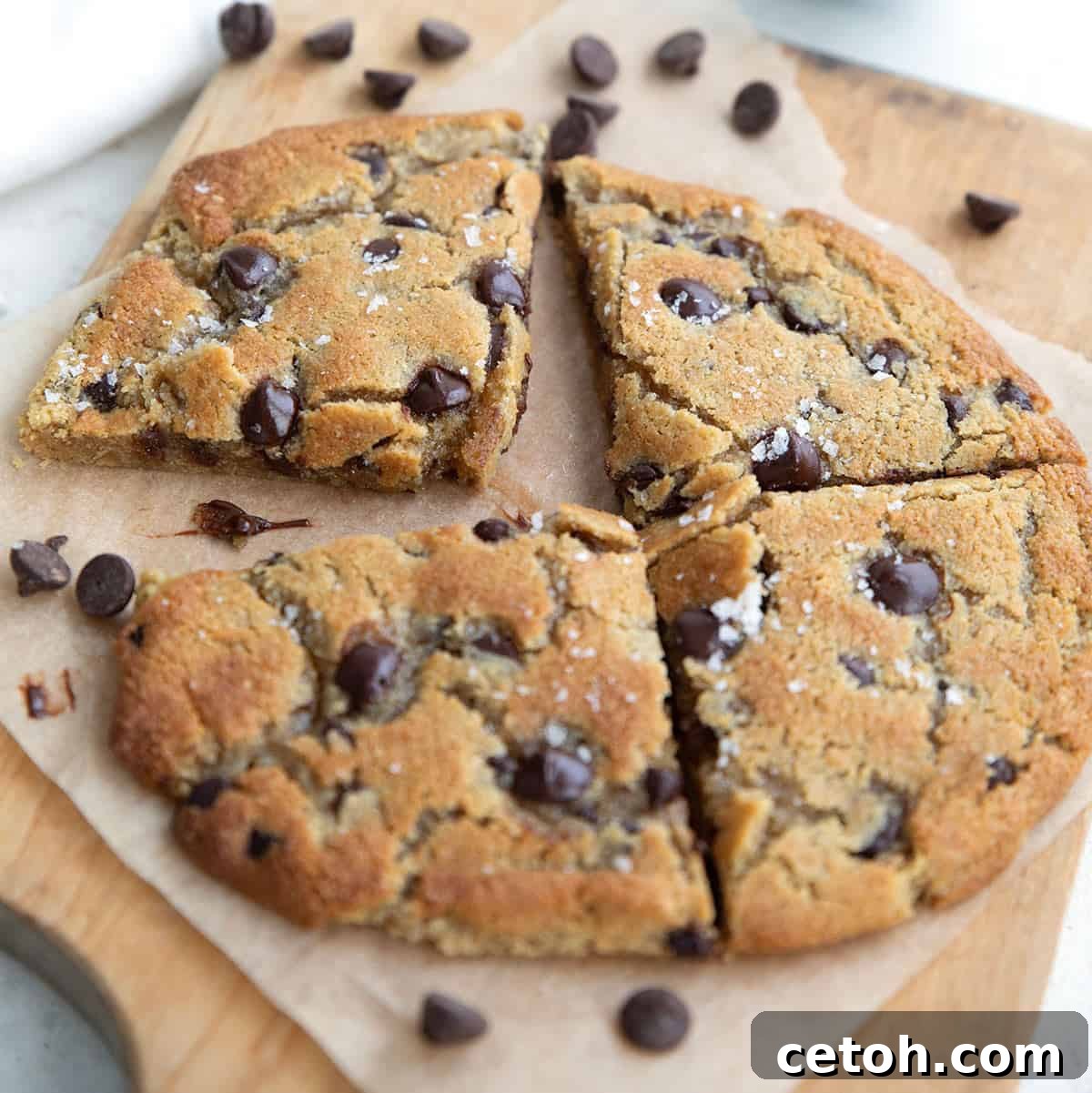 A large keto chocolate chip cookie, expertly cut into four delicious pieces, thoughtfully arranged on a rustic wooden cutting board with a scattering of extra chocolate chips.