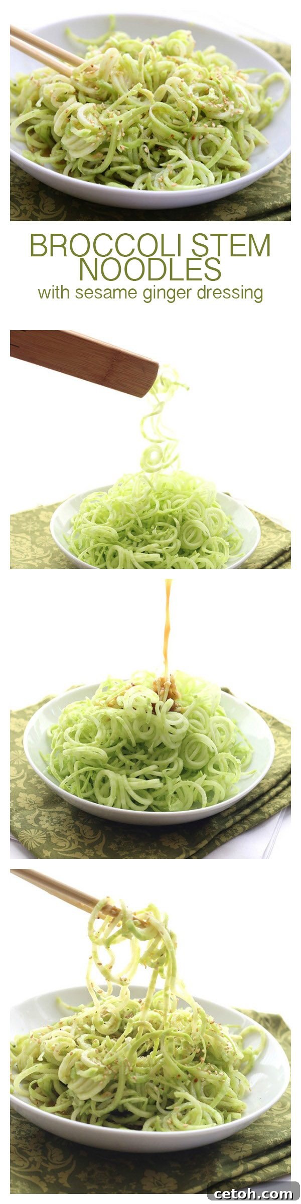Zesty Sesame Ginger Broccoli Stem Noodles 3 Low carb noodles made from broccoli stalks and topped with a spicy ginger sesame dressing. A healthy summer side dish or salad.